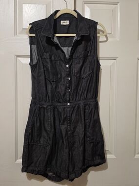Pact Black Sleeveless Denim Romper Sz M Organic Cotton Americana Beach Summer